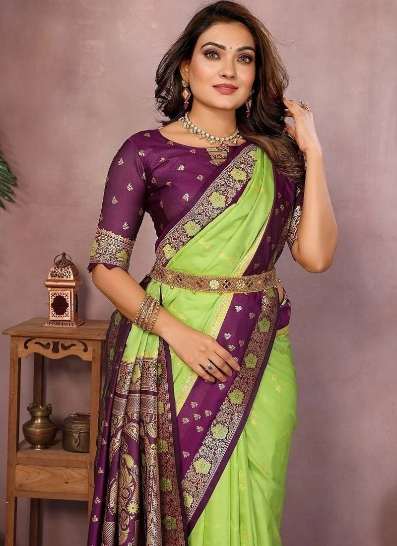 Parrot green color zari weaving designer kalamkari silk saree