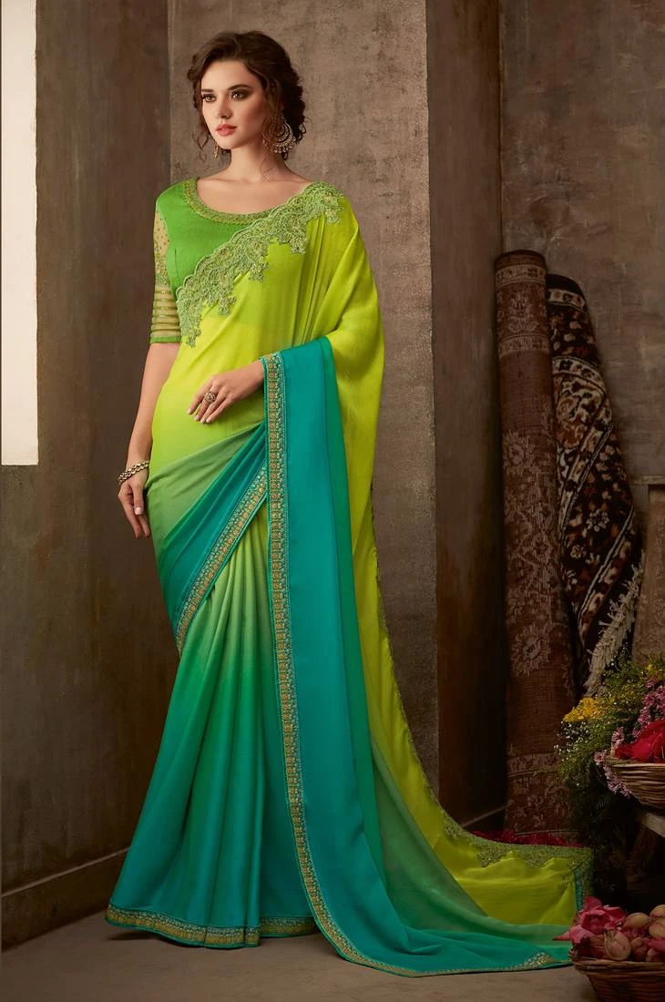 Lemon embroidered silk blend saree with blouse