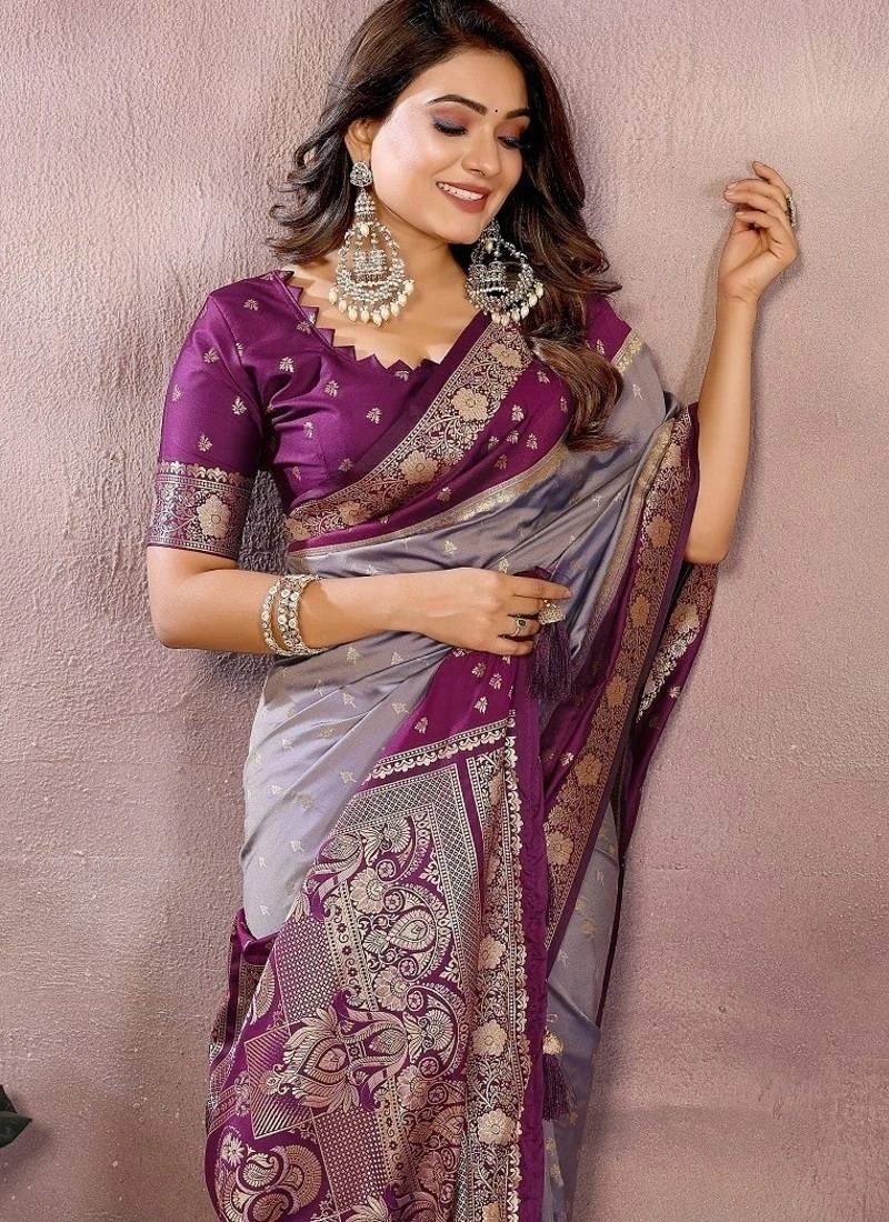 Lavender color zari weaving designer kalamkari silk saree